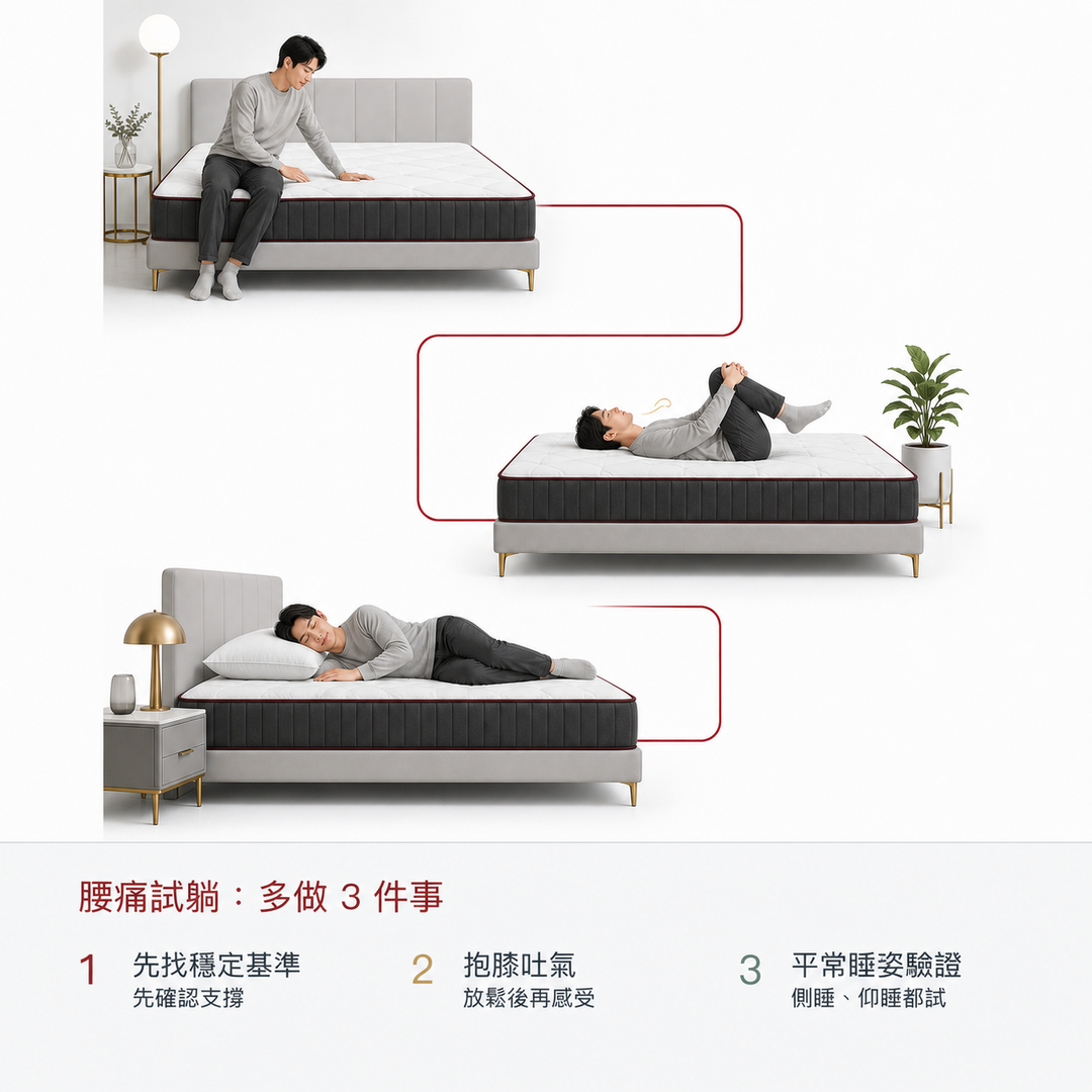 腰痠背痛試躺時建立穩定基準、抱膝吐氣與用平常睡姿驗證的三個步驟