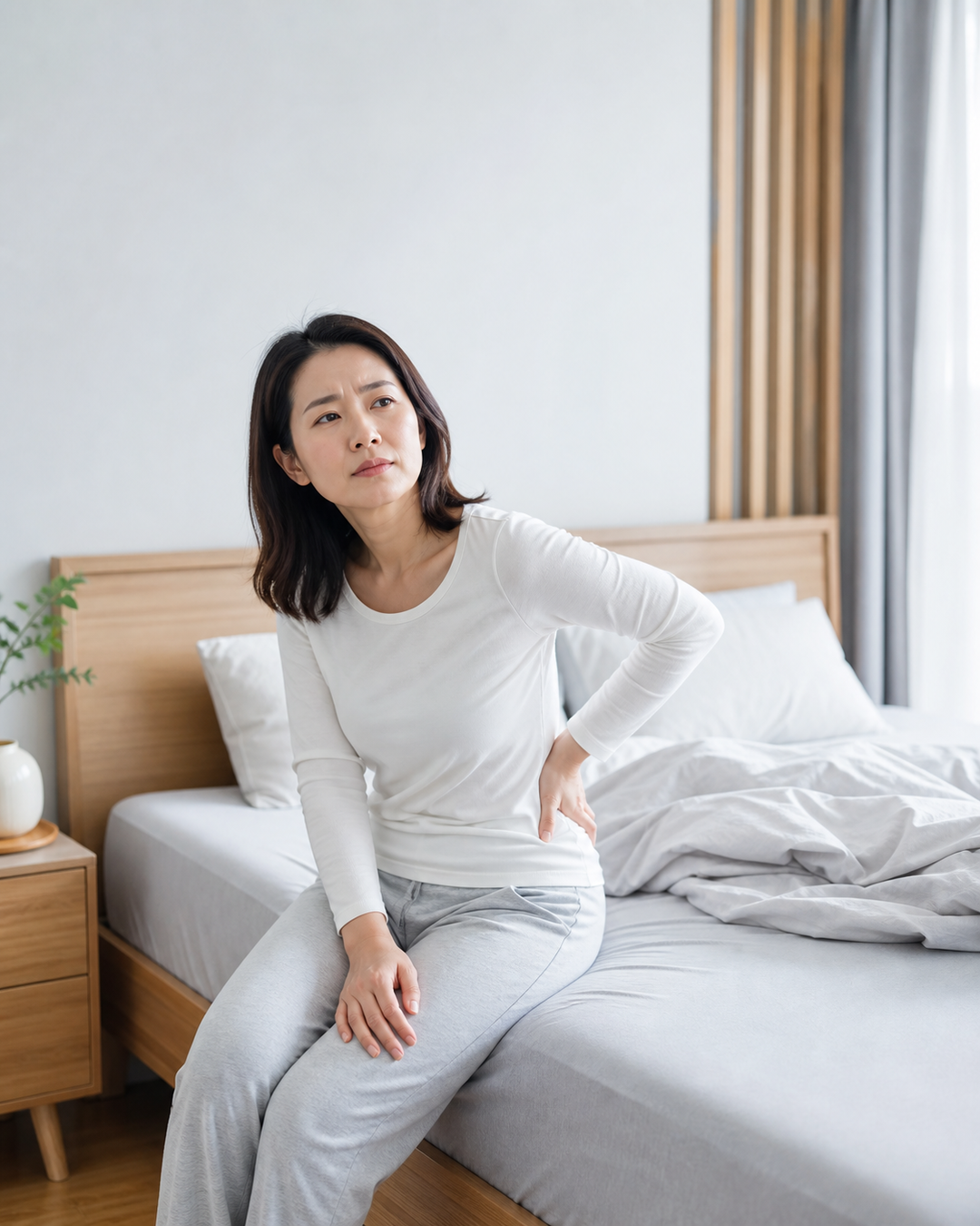 起床腰痠、半夜痛醒與白天久坐腰痠的時間判斷示意