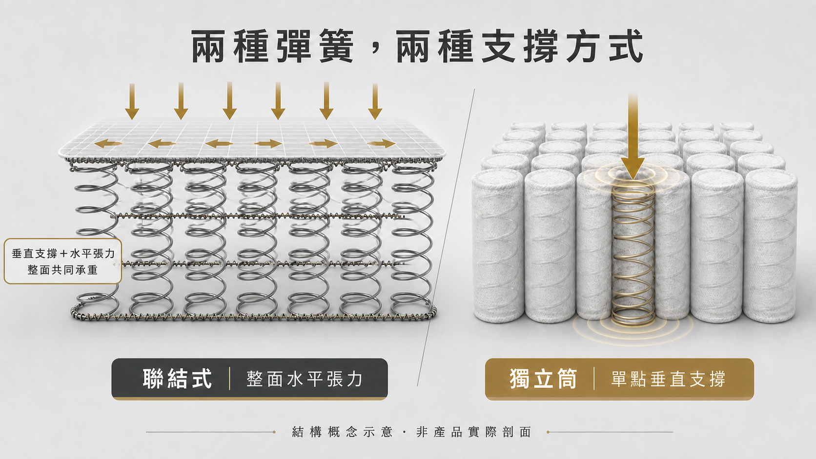 德泰彈簧床 聯結式垂直支撐與整面水平張力對照獨立筒單點支撐示意
